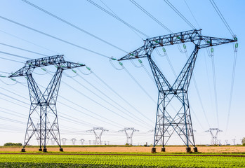 Dozens of electricity pylons in the french countryside under a clear blue sky.