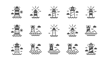 Lighthouse icons. Searchlight tower with seagull for marine navigation of ships. Sea pharos, lighthouse or beacon icons. Classic set. Quality set. Vector