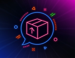 Delivery box line icon. Neon laser lights. Logistics shipping sign. Parcels tracking symbol. Glow laser speech bubble. Neon lights chat bubble. Banner badge with package icon. Vector