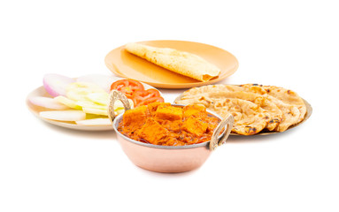 Indian Delicious Spicy Vegetarian Cuisine Paneer Toofani Also Know as Paneer Tufani, Toofani Paneer Masala or Dhaba Style Paneer Masala Served with Tandoori Roti on isolated White Background