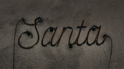 Turned off neon Christmas decoration sign that says the name Santa on a grunge concrete wall...