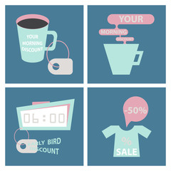 Big super sale promotional set. Emblems in shape of round bomb, tags with threads, and rectangular cards vector illustrations.