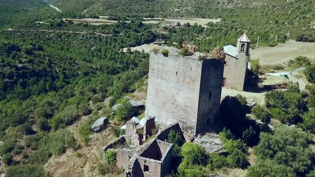 Aerial view of the Riner castle, church and tower near Solsona, Catalonia, Spain, Europe.
Clockwise orbit nearby.