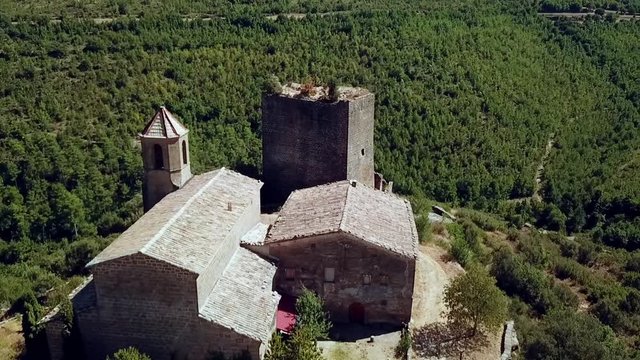 Aerial view of the Riner castle, church and tower near Solsona, Catalonia, Spain, Europe.
Clockwise Orbit Church side.