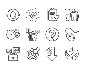 Set of Science icons, such as Computer mouse, Energy drops, Question mark, Medical analyzes, Heartbeat, Teamwork, Cold-pressed oil, Targeting, Safe energy, Patient history, Cogwheel timer. Vector
