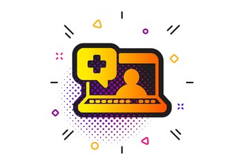 Online medical help sign. Halftone circles pattern. Medicine laptop icon. Classic flat medical help icon. Vector