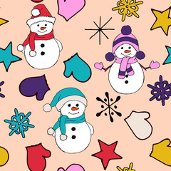 Christmas seamless pattern with snowman, fir trees and snowflakes. Perfect for wallpaper, wrapping paper, pattern fills, winter greetings, web page background