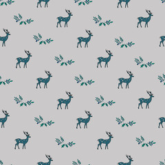 seamless pattern with abstract deer and trees. doodle style