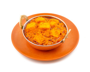 Indian Delicious Spicy Vegetarian Cuisine Paneer Toofani Also Know as Paneer Tufani, Toofani Paneer Masala or Dhaba Style Paneer Masala on isolated White Background