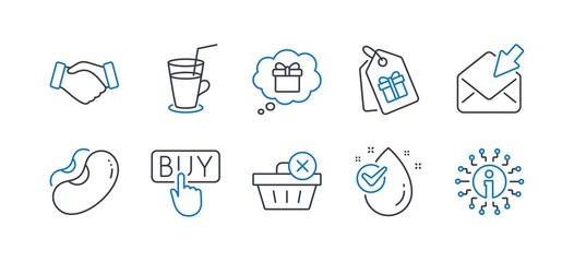 Set of Business icons, such as Gift dream, Open mail, Beans, Handshake, Coupons, Cocktail, Delete purchase, Water drop, Buying, Info line icons. Receive a gift, View e-mail. Vector