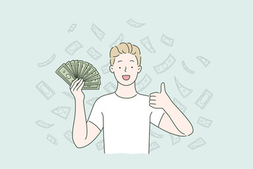 Passive income, profit, cashback concept. Guy or man holding dollars very happy and excited, winner expression celebrating victory screaming with smile and shows the gesture Like. Simple flat vector.