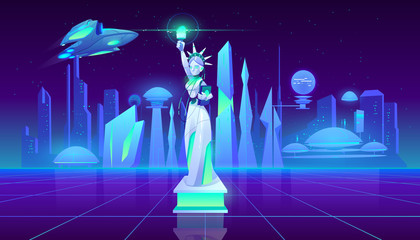 Statue of Liberty neon city futuristi sci-fy background, New York monument in synth retro wave style. Culture ladmark, fantastic buildings and space ship, virtual reality Cartoon vector illustration