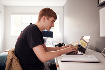 Fototapeta na wymiar Male College Student In Shared House Bedroom Studying Sitting At Desk