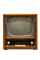 Vintage Television  Old Tv Isolated on White Background. Old-fashioned Television Close Up. Old Grungy Vintage Tv Retro Technology.