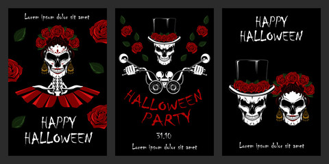 Set of vector halloween cards. Mexican skulls. Skull driving a motorcycle. Set of design elements for cards, flyers, banners.