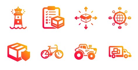 Logistics network, Bicycle and Delivery insurance line icons set. Lighthouse, Parcel checklist and Tractor signs. Parcel delivery, Truck transport symbols. International tracking, Bike. Vector