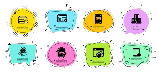 Ssd, Reject web and Tablet pc line icons set. Chat bubbles with quotes. University campus, Seo gear and Recovery server signs. Luggage, Skin care symbols. Solid-state drive, No internet. Vector