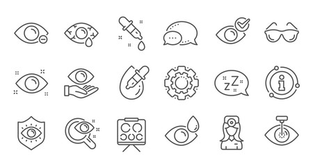 Optometry, Eye doctor line icons. Medical laser surgery, glasses and eyedropper. Pink eye, Cataract surgery and allergy icons. Optician board, oculist chart. Linear set. Quality line set. Vector