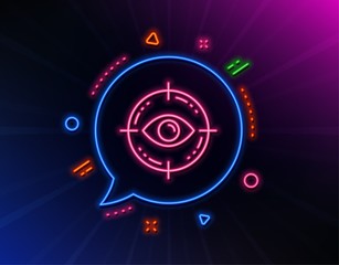 Eye target line icon. Neon laser lights. Oculist clinic sign. Optometry vision symbol. Glow laser speech bubble. Neon lights chat bubble. Banner badge with eye target icon. Vector