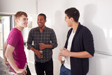 Group Of Male College Students In Shared House Kitchen Drinking Beer Together