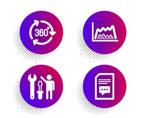 Repairman, 360 degree and Trade chart icons simple set. Halftone dots button. Comments sign. Repair screwdriver, Virtual reality, Market data. Document with speech bubble. Business set. Vector