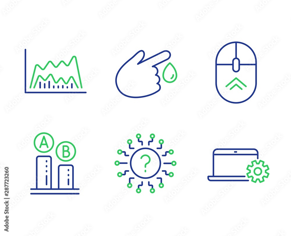 Poster swipe up, blood donation and ab testing line icons set. question mark, trade chart and notebook serv