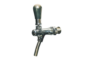 Chrome taps for draft beer isolated on white background. Alcohol machine detail dispenser.