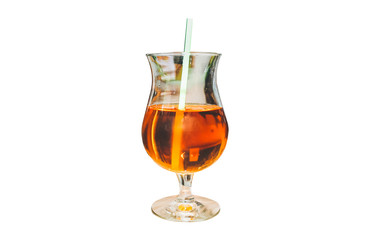 Juice in the glass with a straw isolated on white background.