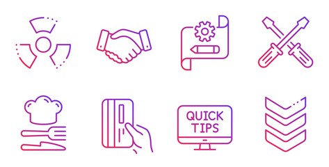 Web tutorials, Employees handshake and Food line icons set. Screwdriverl, Cogwheel blueprint and Payment card signs. Chemical hazard, Shoulder strap symbols. Quick tips, Deal hand. Vector