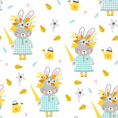 Seamless pattern with cute bunny. Autumn background. Vector