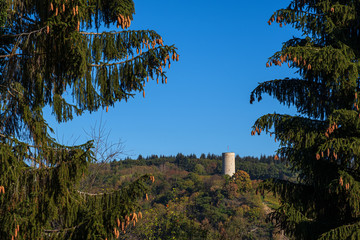 Blick durch zwei B&auml;ume auf die Burgruine Scharfenstein nahe Kiedrich/Deutschland m Rheingau