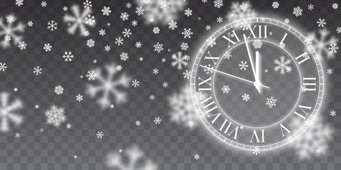 Fototapeta na wymiar Vintage gold shining round clock. Christmas snow. Falling snowflakes on blue background. Snowfall. Vector illustration