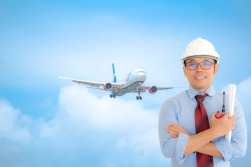 Flight control engineer With the plane in the background