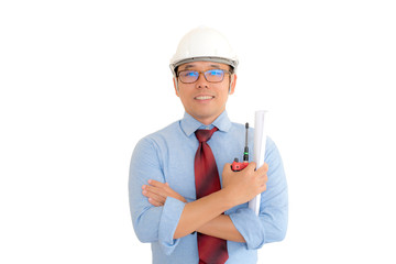 Asian man,Engineer or Technician in white helmet, glasses and blue working shirt suit holding wrench, isolated on white, mechanic and Oil and Gas industrial concept with clipping path