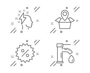 Brainstorming, Discount and Package location line icons set. Tap water sign. Lightning bolt, Special offer, Delivery tracking. Faucet. Business set. Line brainstorming outline icon. Vector