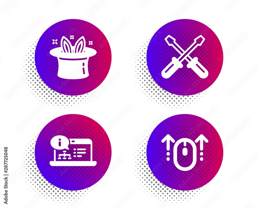 Poster online documentation, hat-trick and screwdriverl icons simple set. halftone dots button. swipe up si