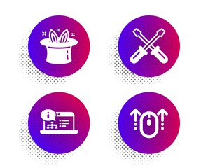 Online documentation, Hat-trick and Screwdriverl icons simple set. Halftone dots button. Swipe up sign. Web engineering, Magic hat, Repair tool. Scrolling page. Business set. Vector