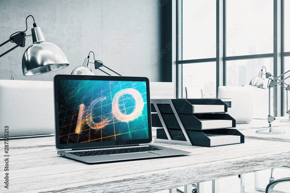 Aufkleber desktop interior with computer, table and chair. blockchain theme drawing on screen. 3d rendering