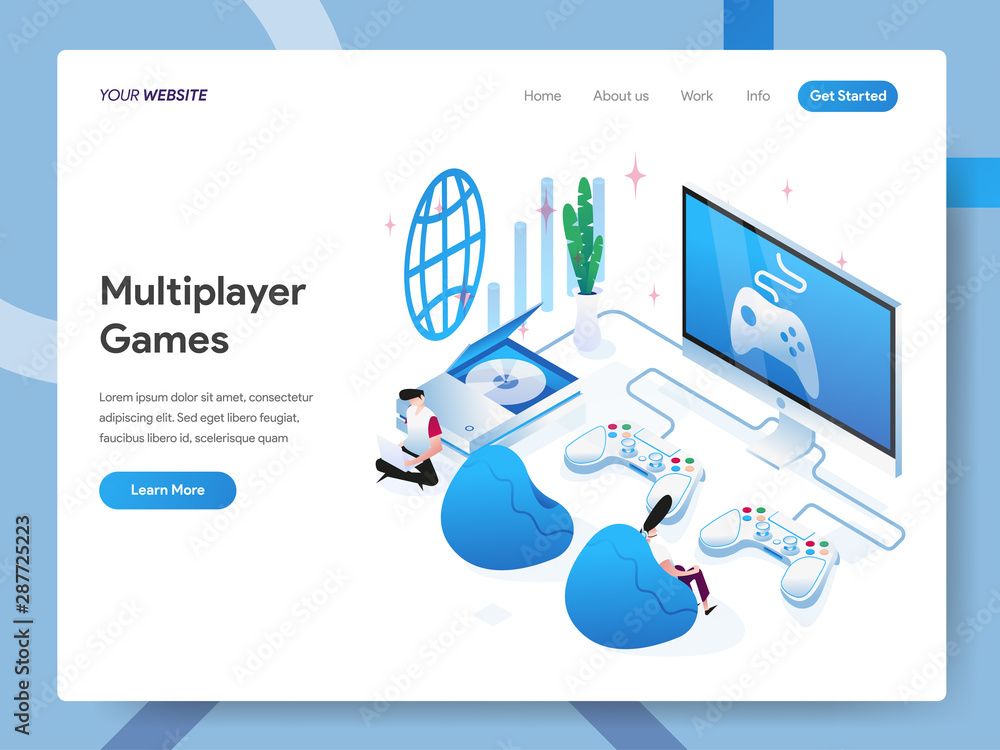 Poster landing page template of multiplayer games isometric illustration concept. modern design concept of 