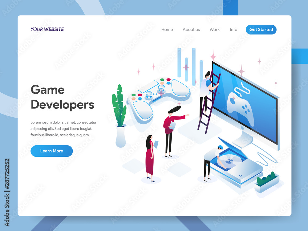 Poster landing page template of game developers isometric illustration concept. modern design concept of we
