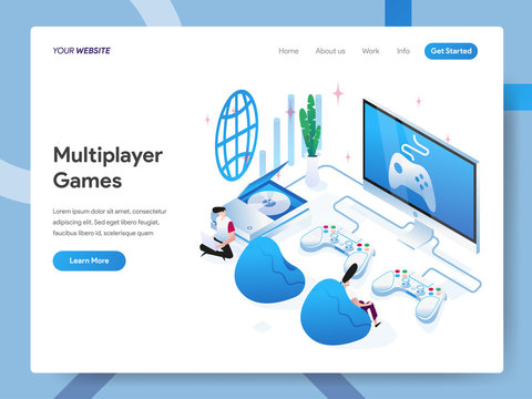 Landing page template of Multiplayer Games Isometric Illustration Concept. Modern design concept of web page design for website and mobile website.Vector illustration EPS 10
