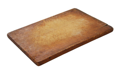 Rustic old cutting board isolated. Grunge wooden chopping board on white background