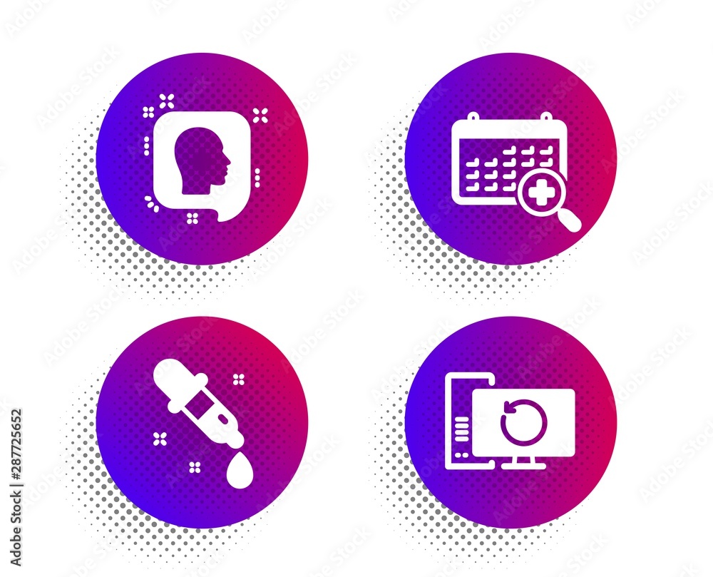 Poster head, chemistry pipette and medical calendar icons simple set. halftone dots button. recovery comput