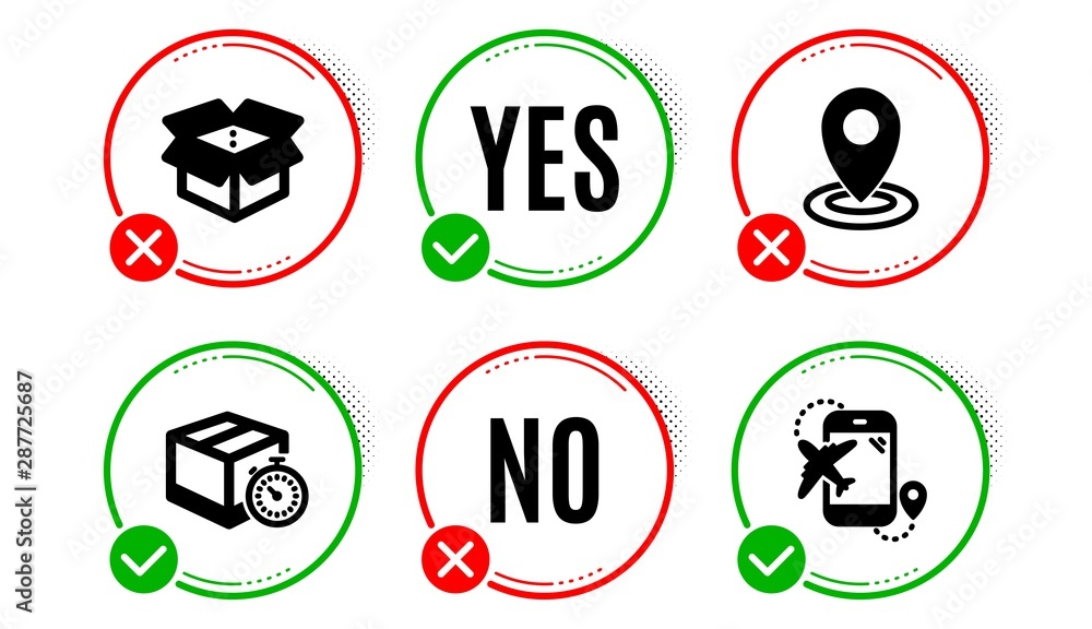 Aufkleber open box, location and delivery timer icons simple set. yes no check box. flight destination sign. d