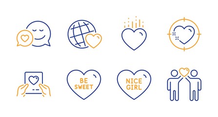 Friends world, Heart and Dating line icons set. Heart target, Be sweet and Love mail signs. Nice girl, Friends couple symbols. Love, Valentine letter. Love set. Line friends world icon. Vector