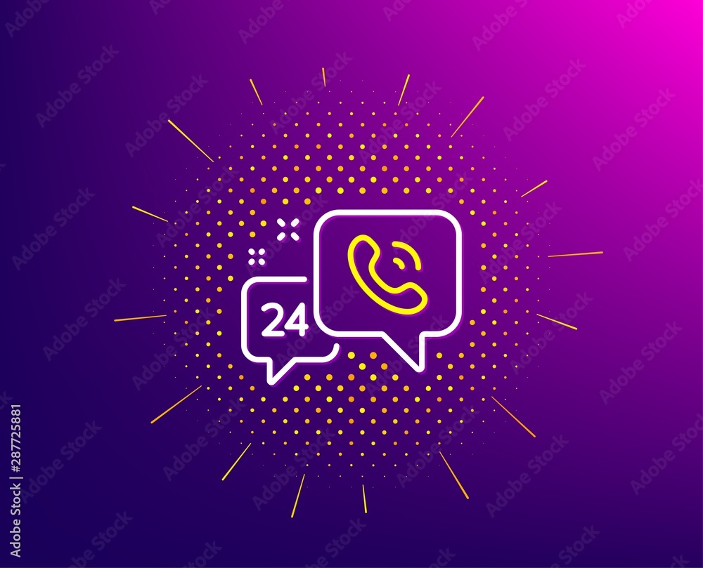 Poster 24 hour service line icon. halftone pattern. call support sign. feedback chat symbol. gradient backg