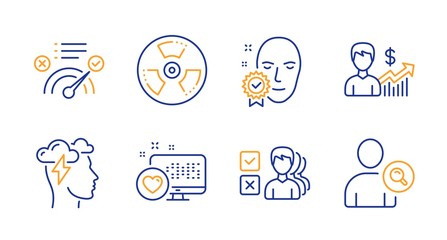 Correct answer, Mindfulness stress and Business growth line icons set. Face verified, Heart and Chemical hazard signs. Opinion, Find user symbols. Approved, Cloud storm. Business set. Vector