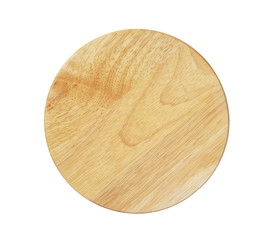 Round natural wooden cutting board isolated on white, top view