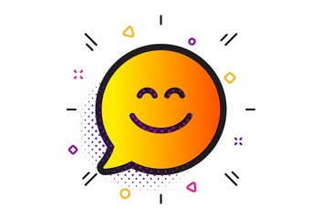 Happy emoticon sign. Halftone circles pattern. Smile chat icon. Speech bubble symbol. Classic flat smile chat icon. Vector
