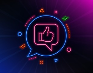 Like line icon. Neon laser lights. Thumbs up sign. Positive feedback, social media symbol. Glow laser speech bubble. Neon lights chat bubble. Banner badge with like icon. Vector